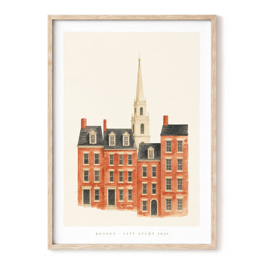 Boston Brick & Spire, beige, red, gray minimalist wall art, front artwork view