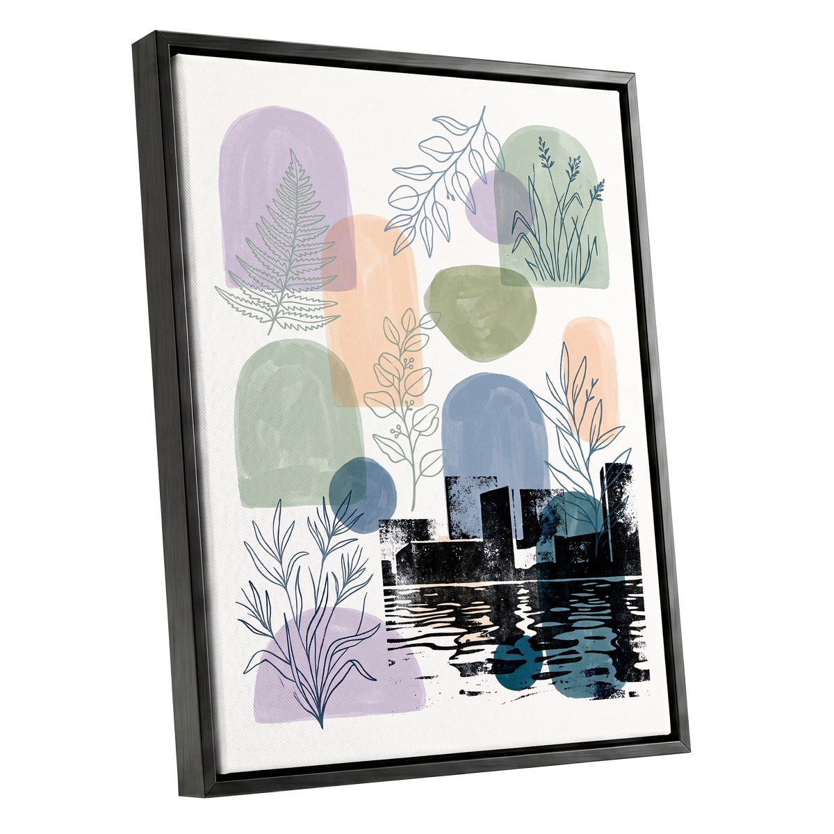 Botanical City Reflections, white, green, blue nature wall art shown as a black framed canvas wall art