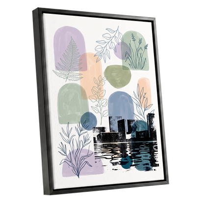 Botanical City Reflections, white, green, blue nature wall art shown as a black framed canvas wall art