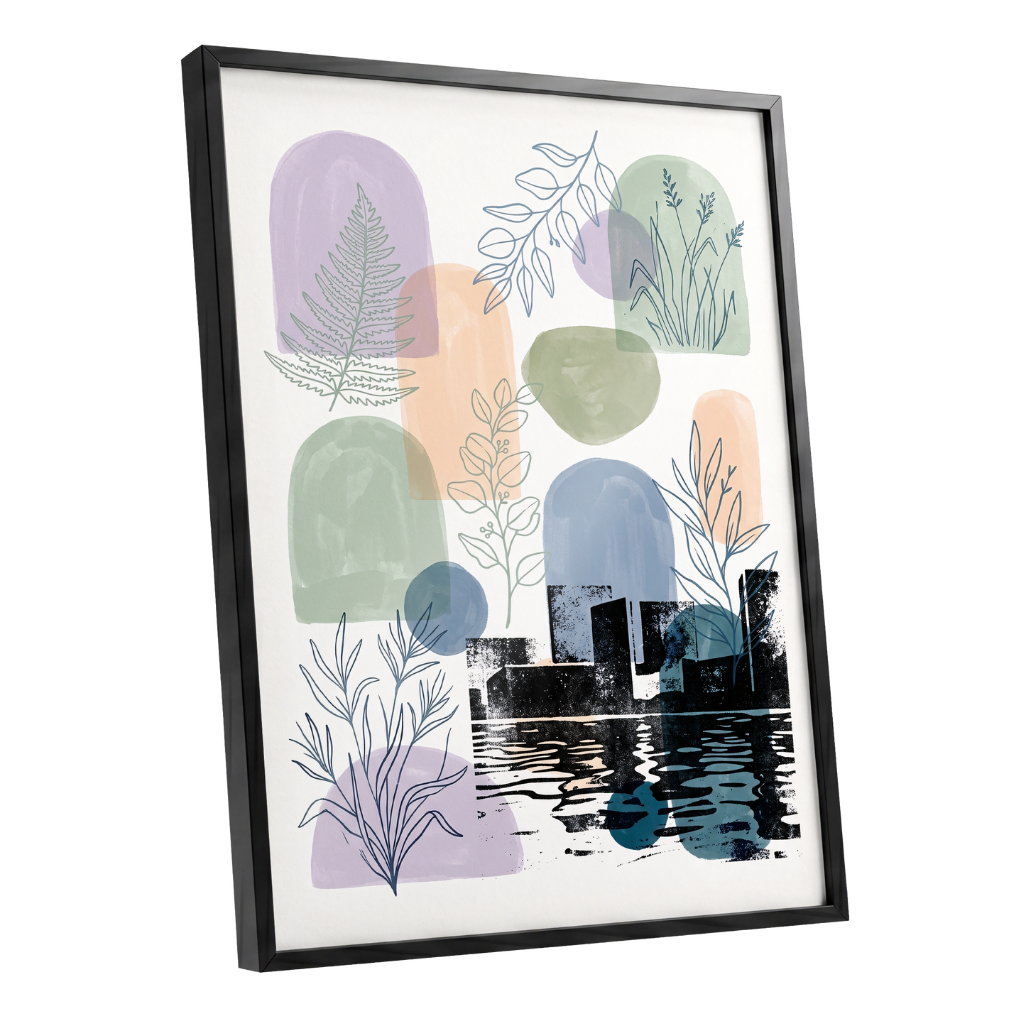 Botanical City Reflections, white, green, blue nature wall art shown as a black framed poster wall art print