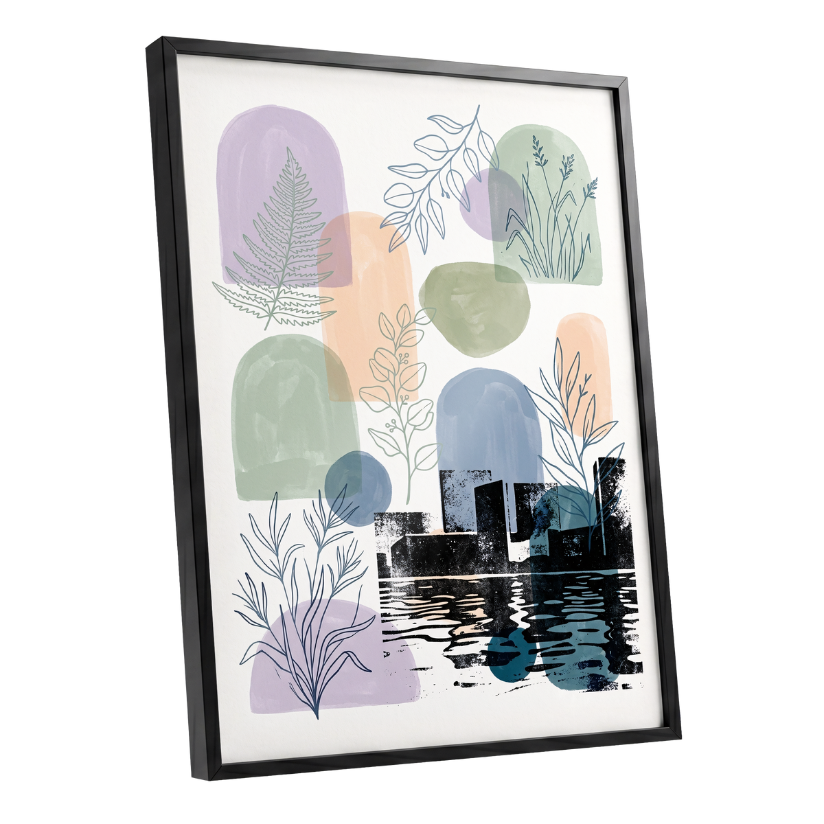 Botanical City Reflections, white, green, blue nature wall art shown as a black framed poster wall art print