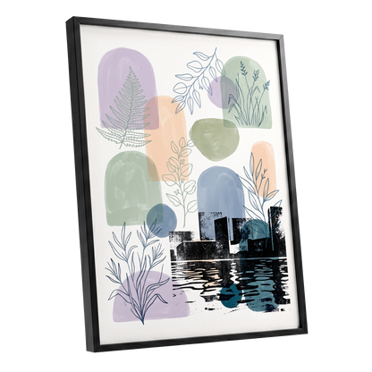 Botanical City Reflections, white, green, blue nature wall art shown as a black framed poster wall art print