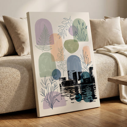 Botanical City Reflections, white, green, blue nature wall art on canvas displayed in a styled interior, gallery view 1