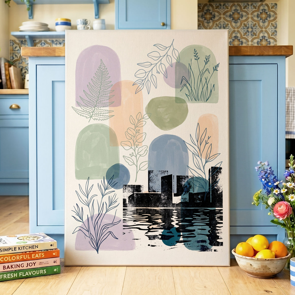 Botanical City Reflections, white, green, blue nature wall art on canvas displayed in a styled interior, gallery view 2