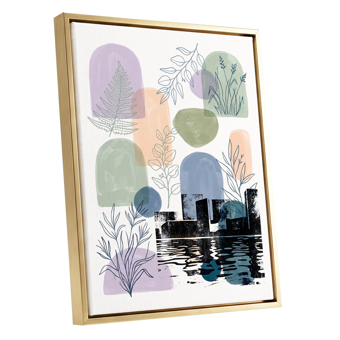 Botanical City Reflections, white, green, blue nature wall art shown as a gold framed canvas wall art