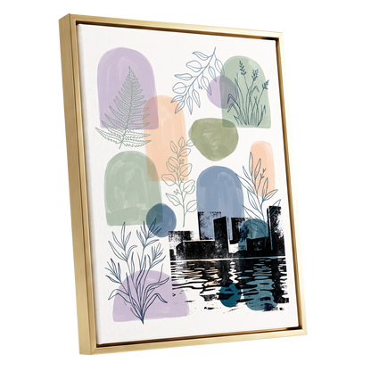Botanical City Reflections, white, green, blue nature wall art shown as a gold framed canvas wall art