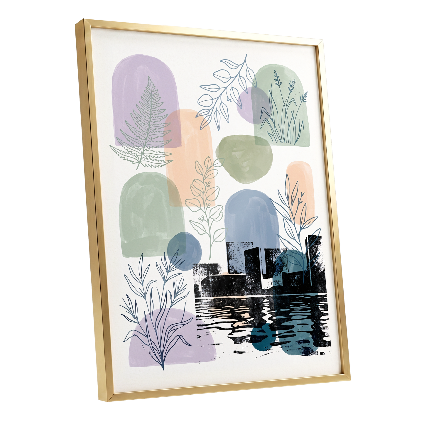 Botanical City Reflections, white, green, blue nature wall art shown as a gold framed poster wall art print