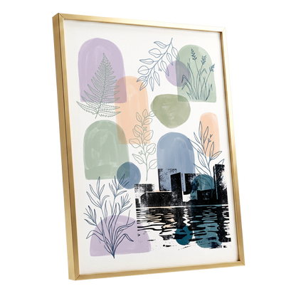 Botanical City Reflections, white, green, blue nature wall art shown as a gold framed poster wall art print
