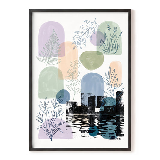 Botanical City Reflections, white, green, blue nature wall art, front artwork view