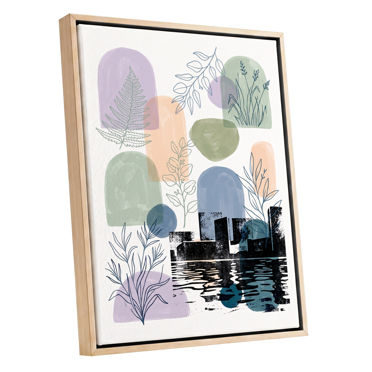 Botanical City Reflections, white, green, blue nature wall art shown as a oak framed canvas wall art