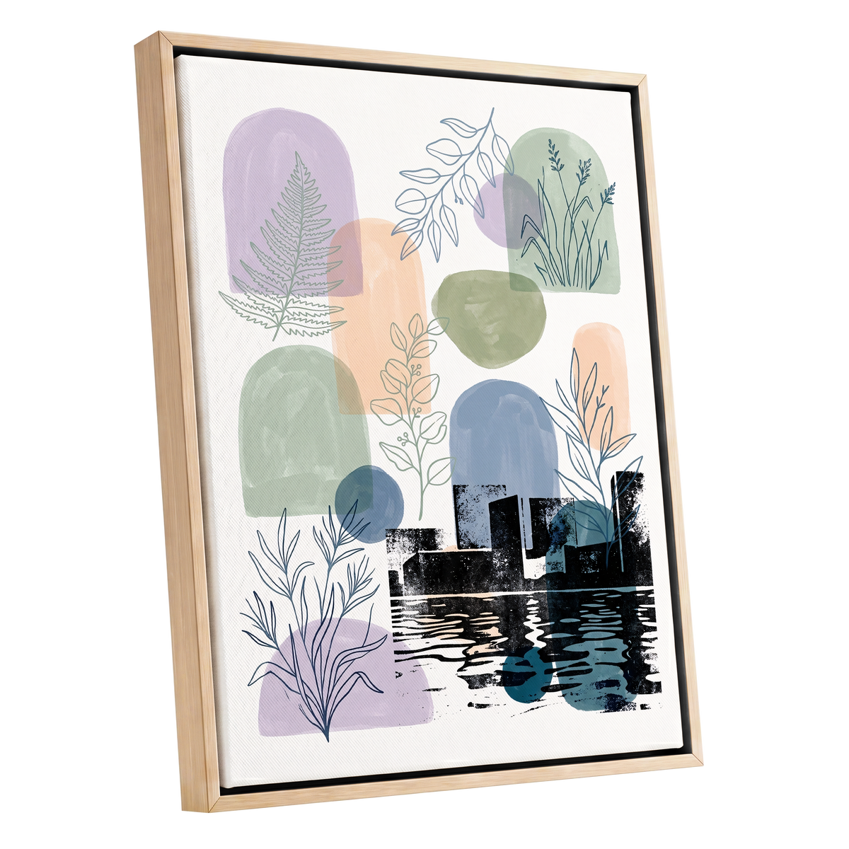 Botanical City Reflections, white, green, blue nature wall art shown as a oak framed canvas wall art