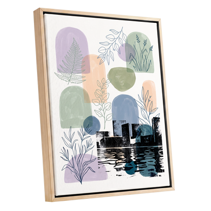 Botanical City Reflections, white, green, blue nature wall art shown as a oak framed canvas wall art