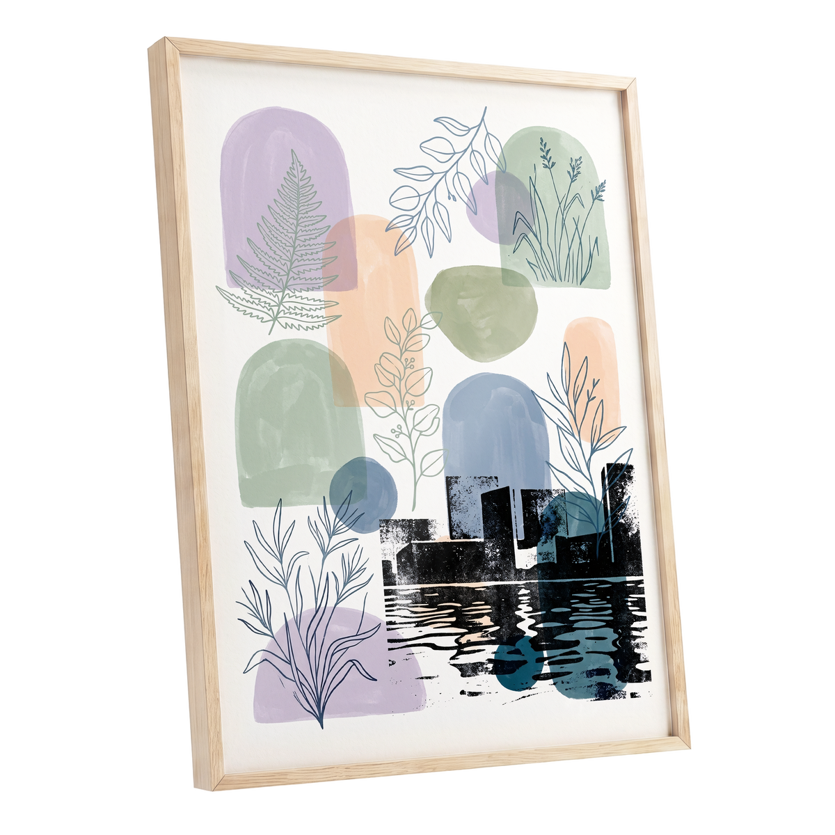 Botanical City Reflections, white, green, blue nature wall art shown as a oak framed poster wall art print