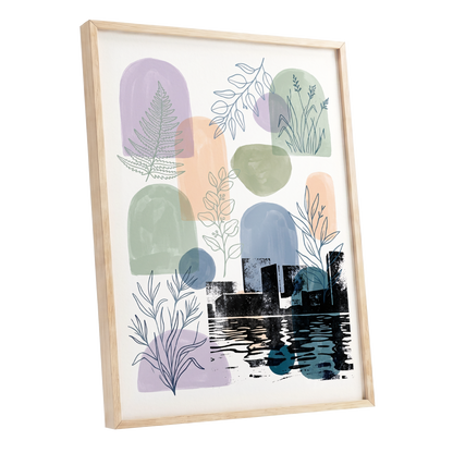 Botanical City Reflections, white, green, blue nature wall art shown as a oak framed poster wall art print