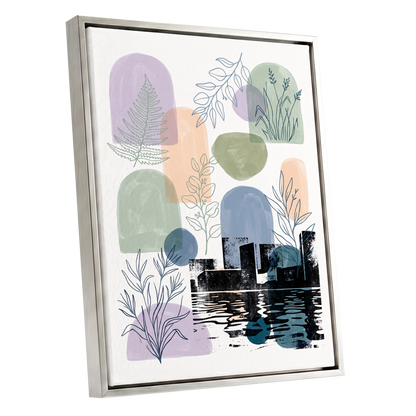 Botanical City Reflections, white, green, blue nature wall art shown as a silver framed canvas wall art