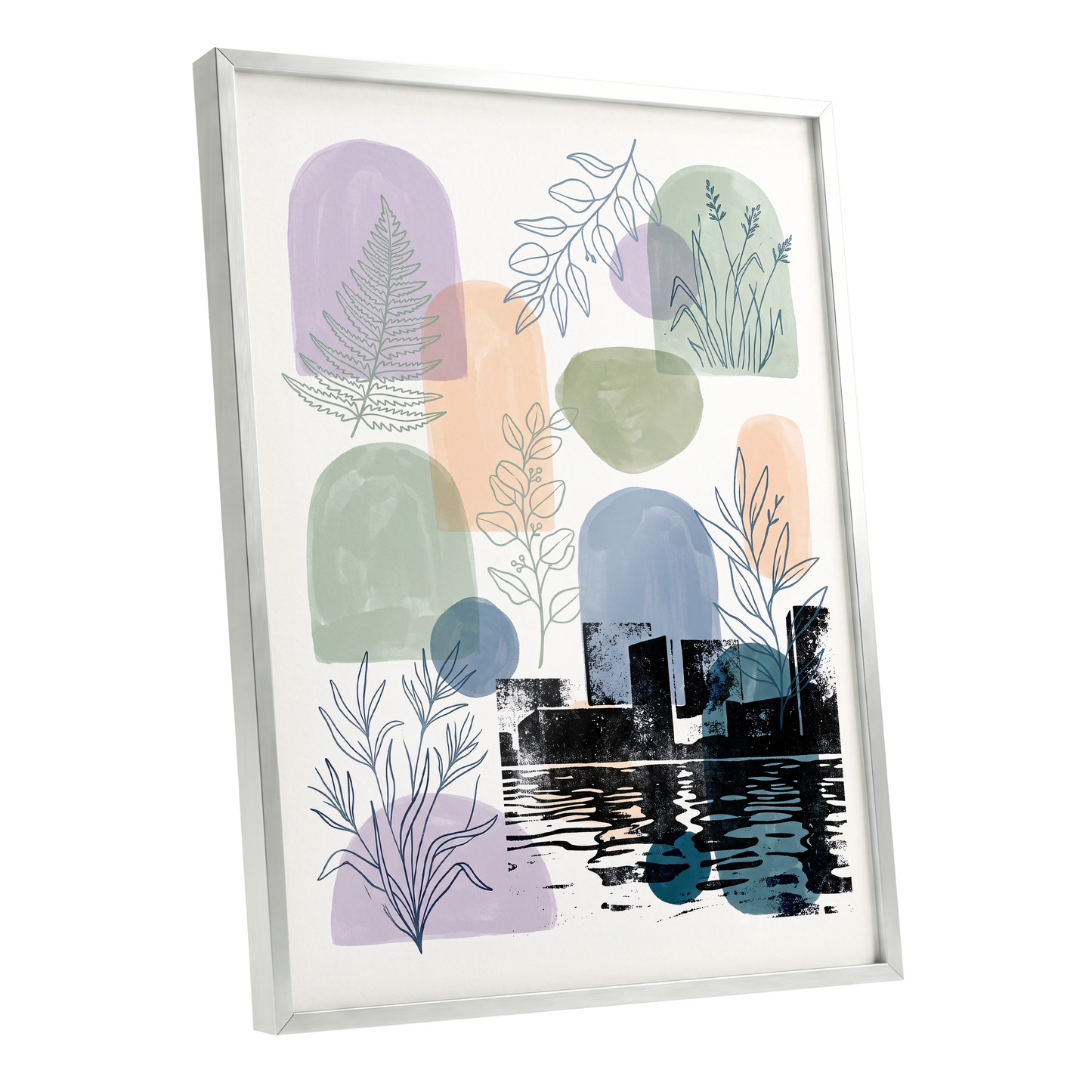 Botanical City Reflections, white, green, blue nature wall art shown as a silver framed poster wall art print