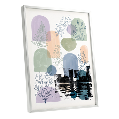Botanical City Reflections, white, green, blue nature wall art shown as a silver framed poster wall art print