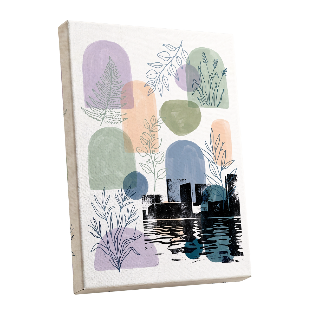 Botanical City Reflections, white, green, blue nature wall art shown as a stretched canvas wall art