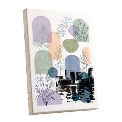 Botanical City Reflections, white, green, blue nature wall art shown as a stretched canvas wall art