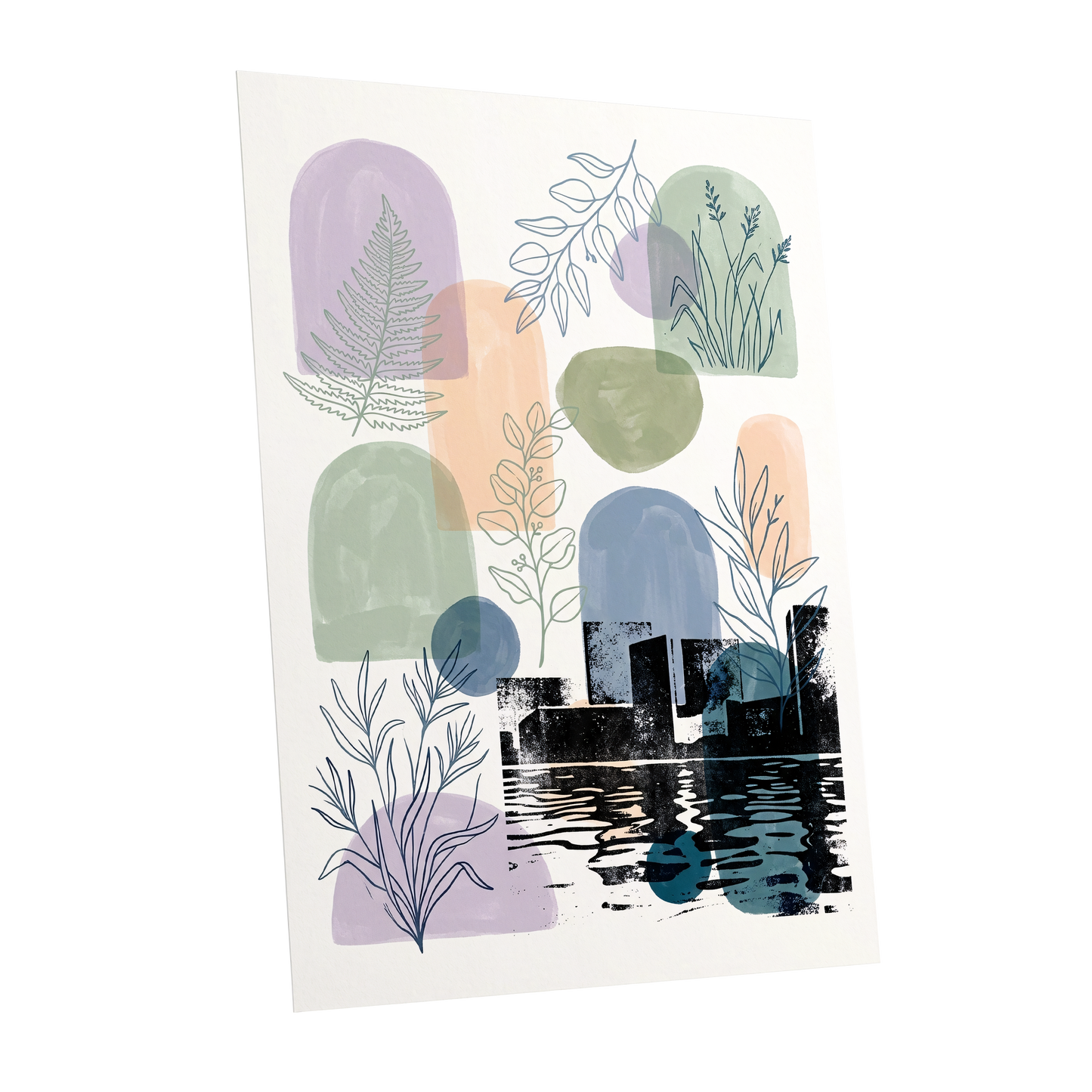 Botanical City Reflections, white, green, blue nature wall art shown as a unframed poster wall art print