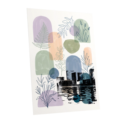 Botanical City Reflections, white, green, blue nature wall art shown as a unframed poster wall art print