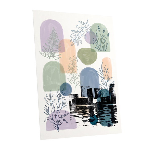 Botanical City Reflections, white, green, blue nature wall art shown as a unframed poster wall art print