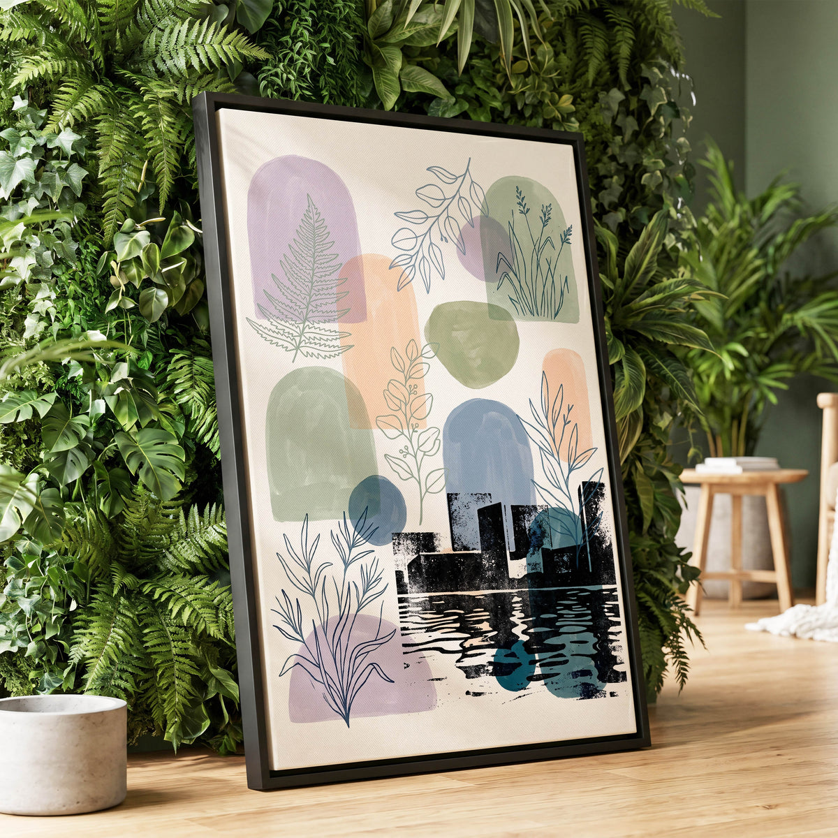 Botanical City Reflections, white, green, blue nature wall art displayed in a styled interior, gallery view 1