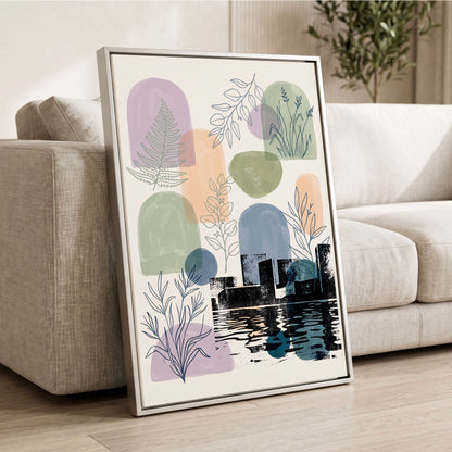 Botanical City Reflections, white, green, blue nature wall art displayed in a styled interior, gallery view 2