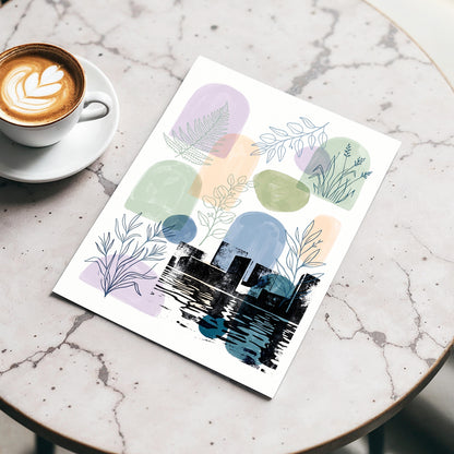 Botanical City Reflections, white, green, blue nature wall art displayed in a styled interior, gallery view 3