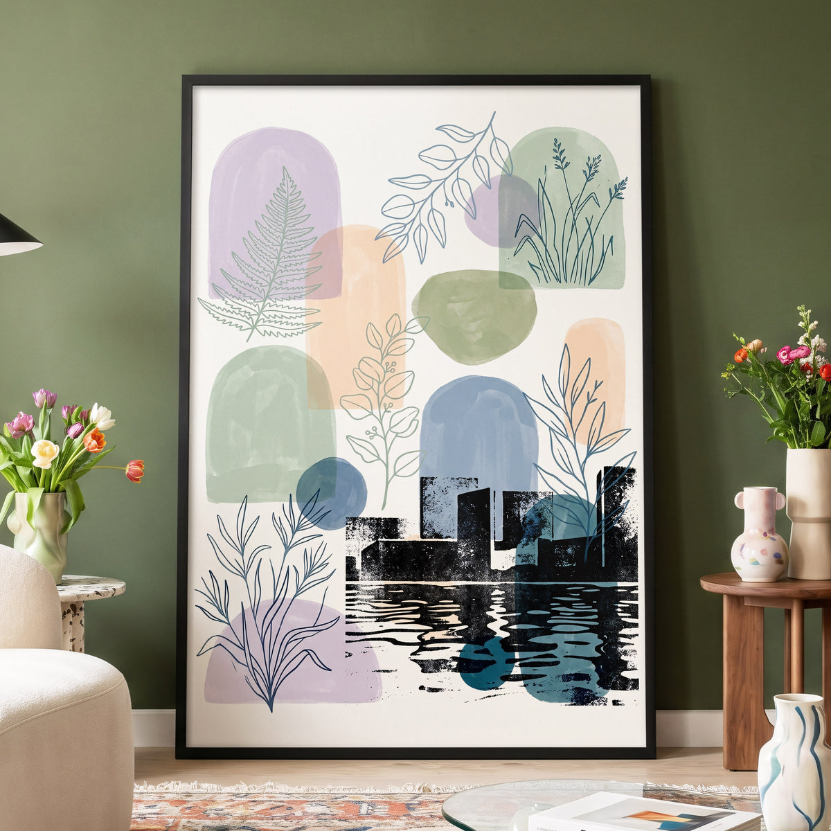 Botanical City Reflections, white, green, blue nature wall art displayed in a styled interior, gallery view 4