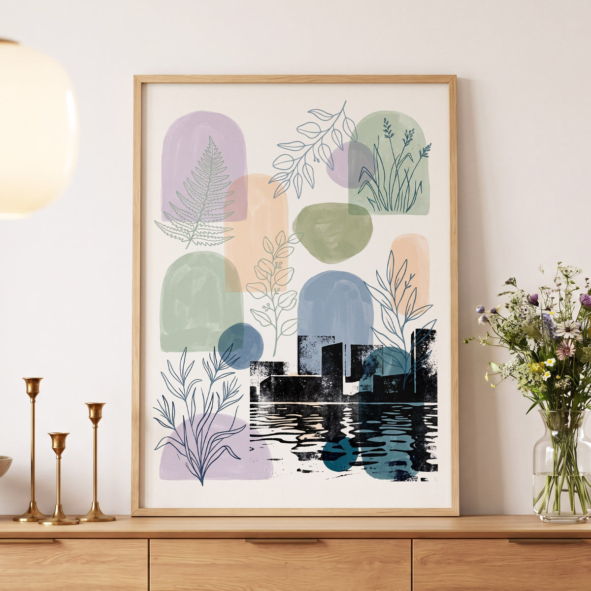 Botanical City Reflections, white, green, blue nature wall art displayed in a styled interior, gallery view 5