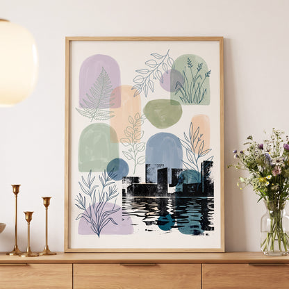 Botanical City Reflections, white, green, blue nature wall art displayed in a styled interior, gallery view 5