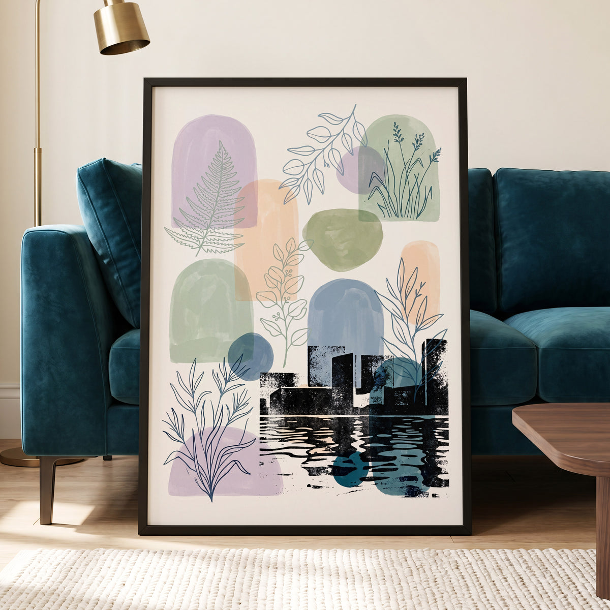 Botanical City Reflections, white, green, blue nature wall art displayed in a styled interior, gallery view 6