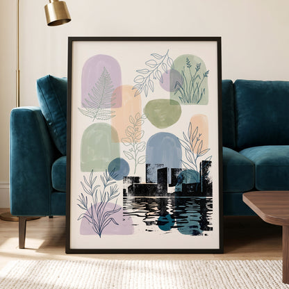 Botanical City Reflections, white, green, blue nature wall art displayed in a styled interior, gallery view 6