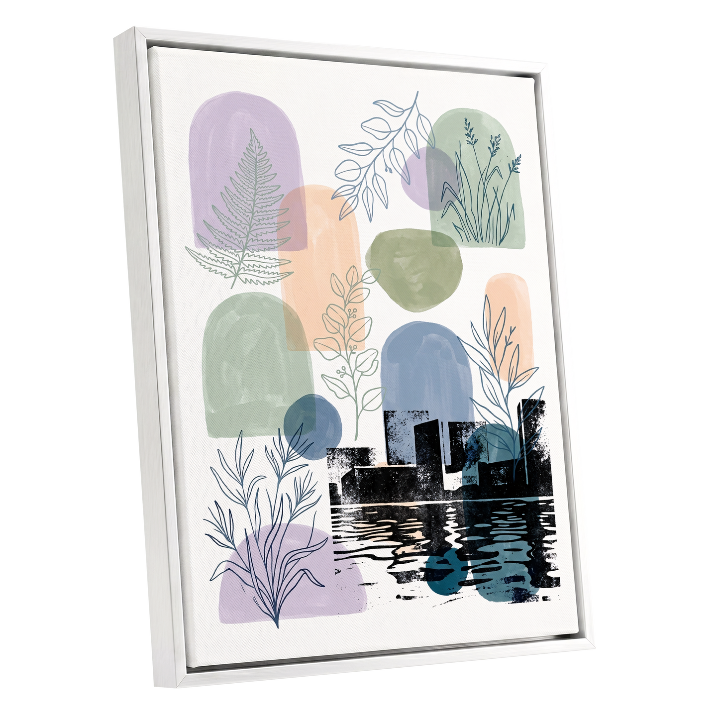 Botanical City Reflections, white, green, blue nature wall art shown as a white framed canvas wall art
