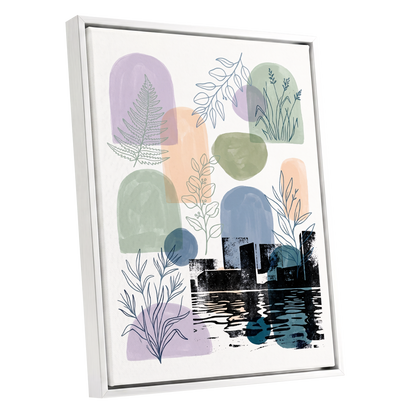 Botanical City Reflections, white, green, blue nature wall art shown as a white framed canvas wall art