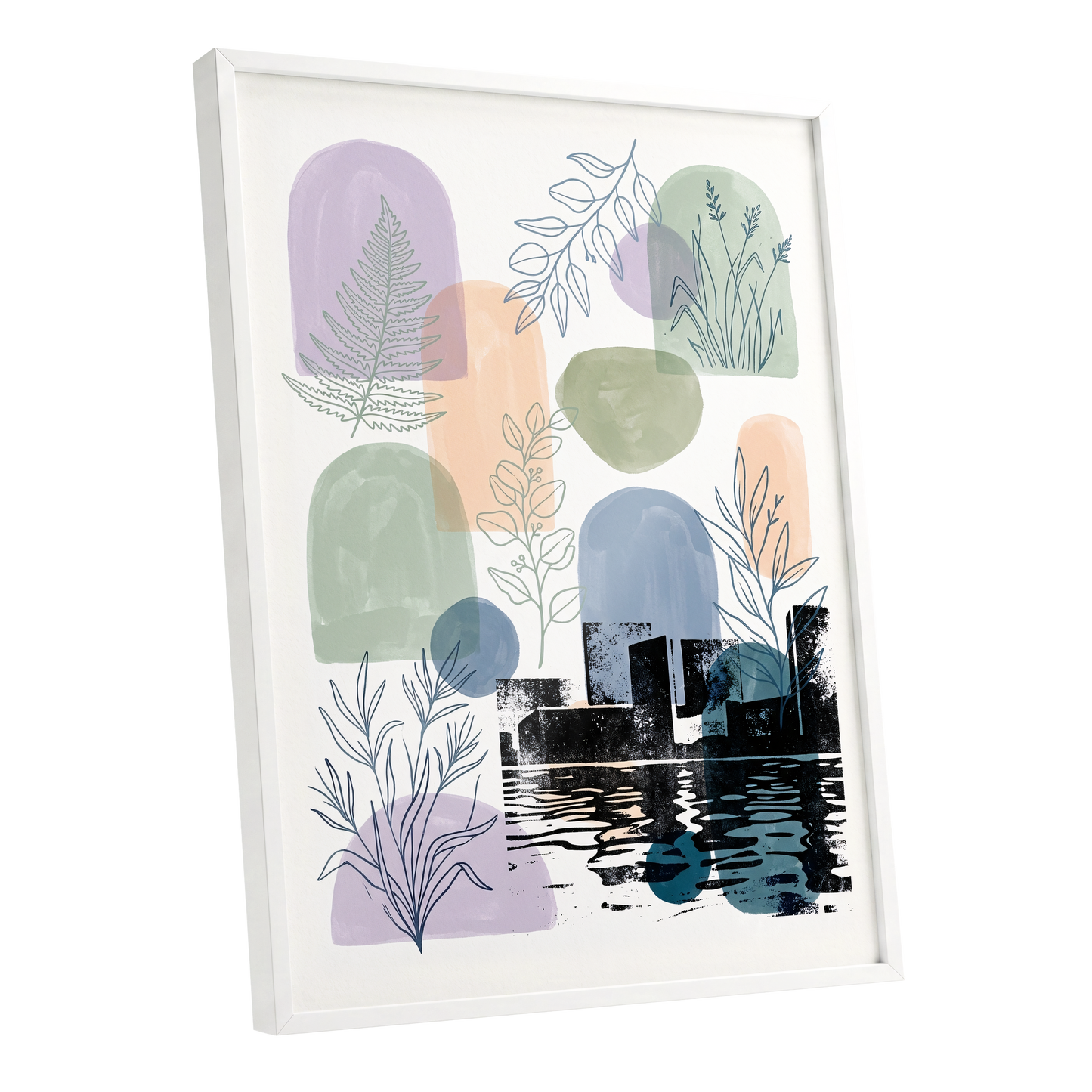 Botanical City Reflections, white, green, blue nature wall art shown as a white framed poster wall art print