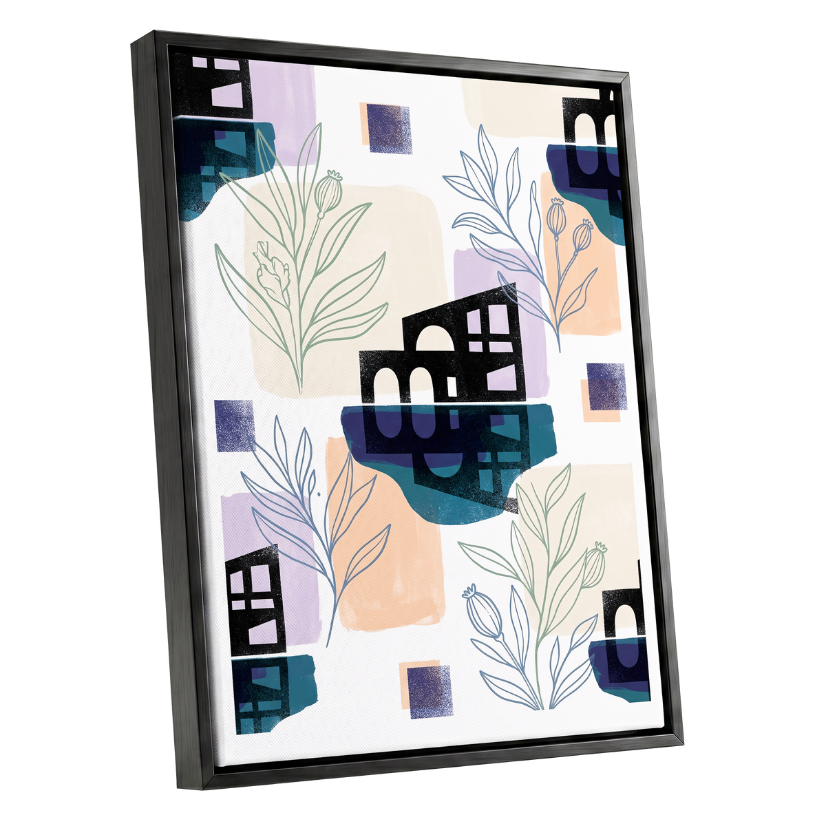 Botanical City Rhythm, white, blue, black floral wall art shown as a black framed canvas wall art