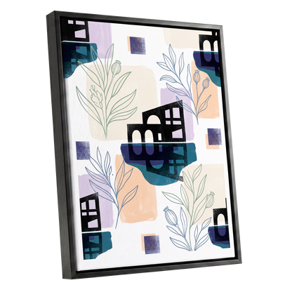 Botanical City Rhythm, white, blue, black floral wall art shown as a black framed canvas wall art