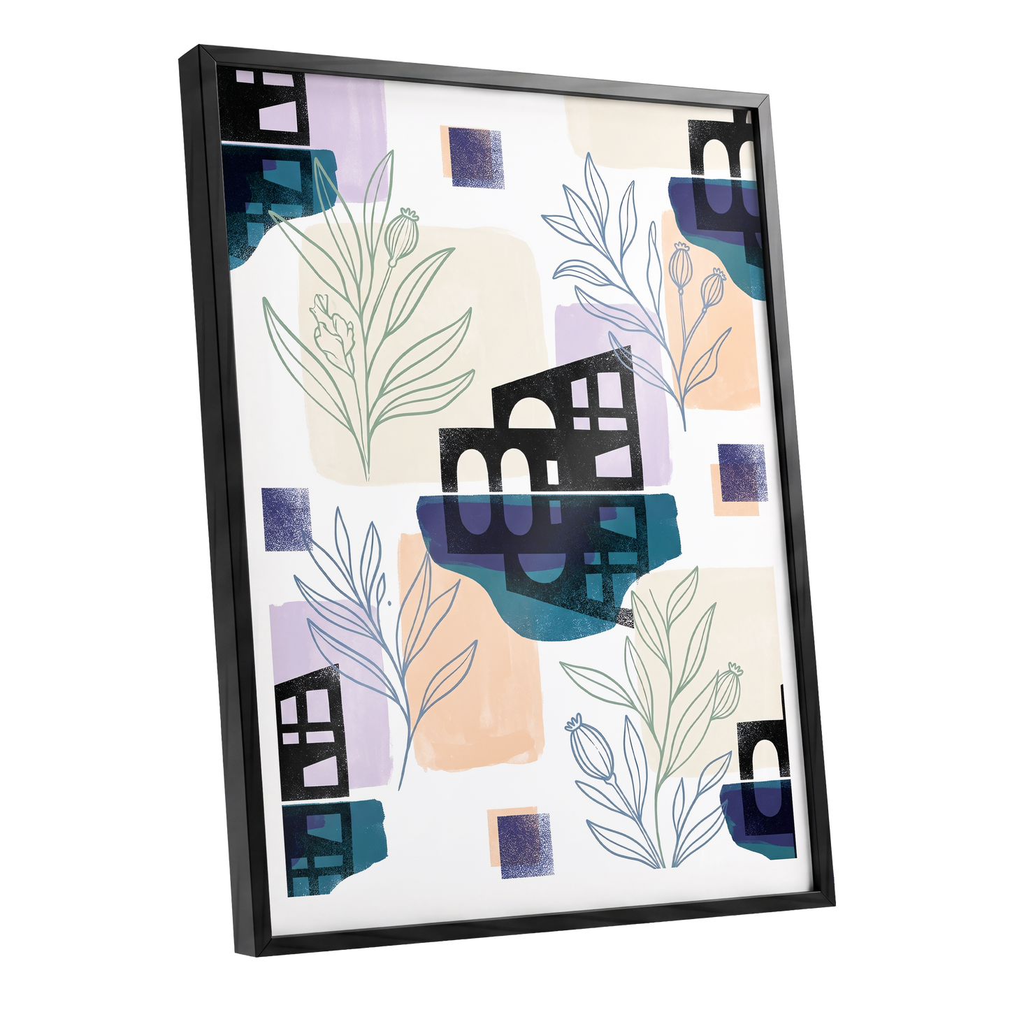 Botanical City Rhythm, white, blue, black floral wall art shown as a black framed poster wall art print
