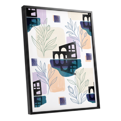 Botanical City Rhythm, white, blue, black floral wall art shown as a black framed poster wall art print