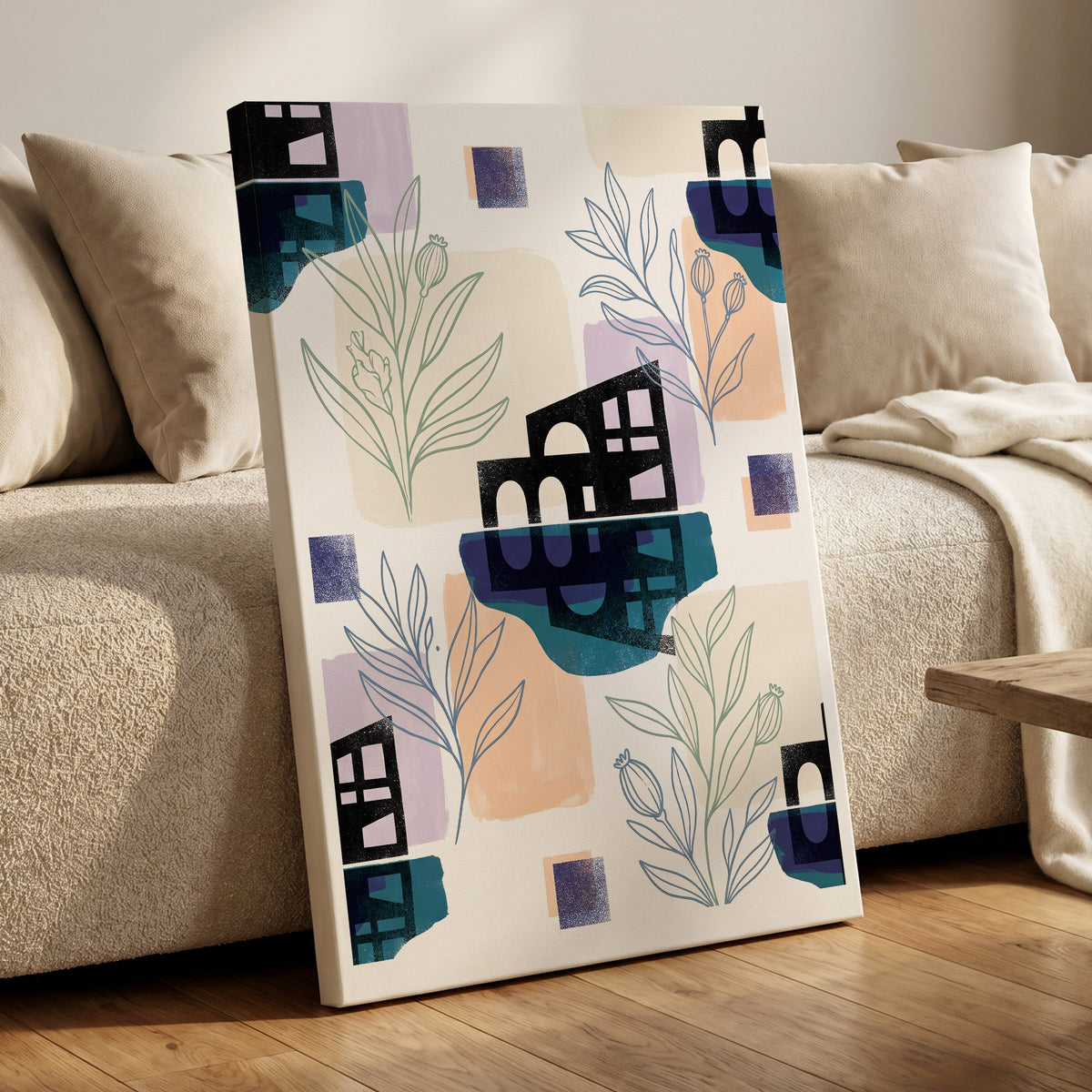 Botanical City Rhythm, white, blue, black floral wall art on canvas displayed in a styled interior, gallery view 1