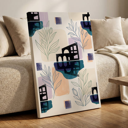 Botanical City Rhythm, white, blue, black floral wall art on canvas displayed in a styled interior, gallery view 1