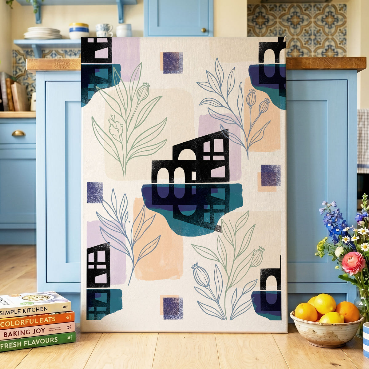 Botanical City Rhythm, white, blue, black floral wall art on canvas displayed in a styled interior, gallery view 2