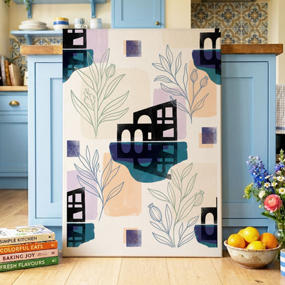 Botanical City Rhythm, white, blue, black floral wall art on canvas displayed in a styled interior, gallery view 2