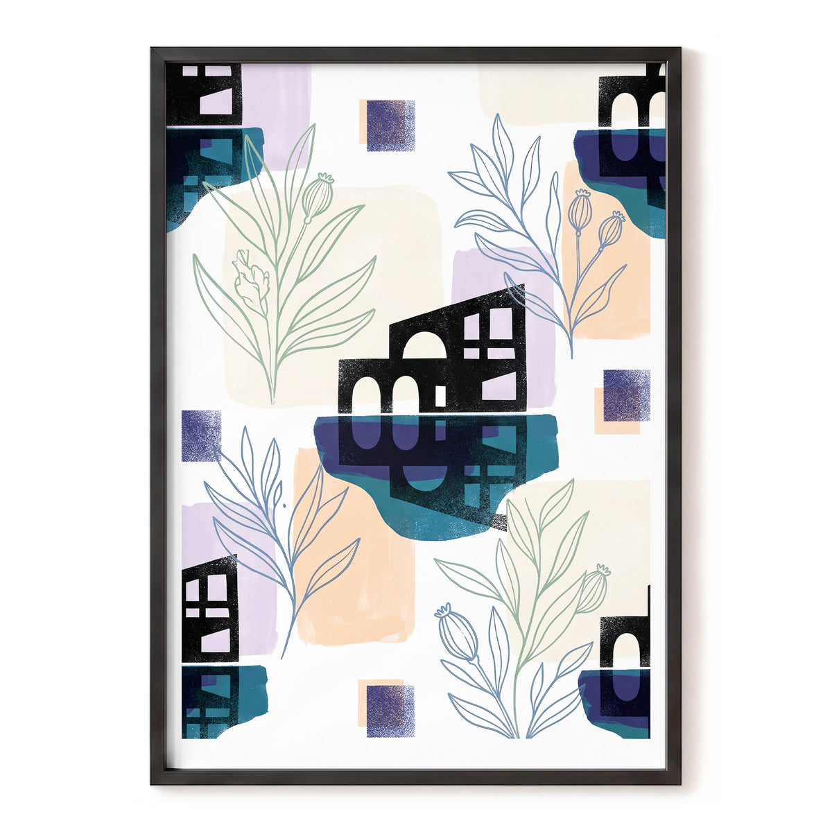 Botanical City Rhythm, white, blue, black floral wall art, front artwork view