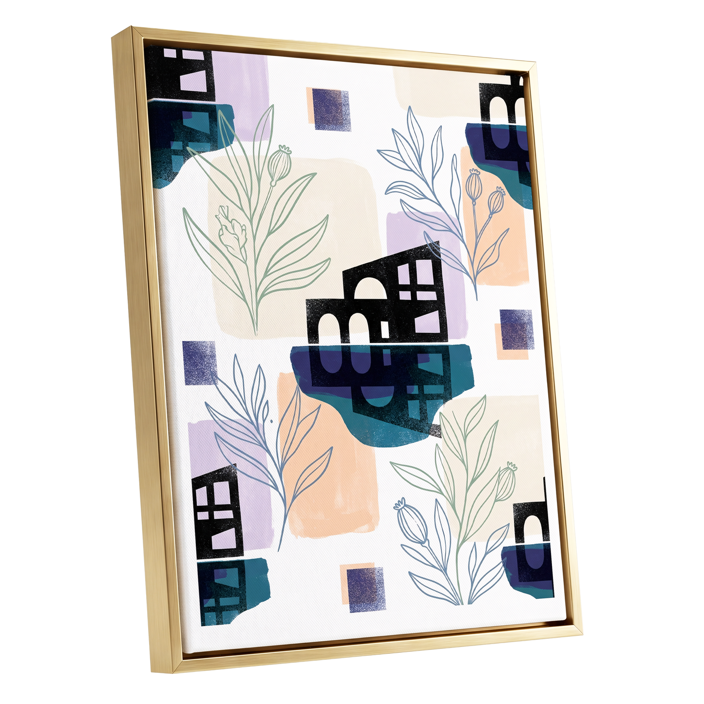 Botanical City Rhythm, white, blue, black floral wall art shown as a gold framed canvas wall art