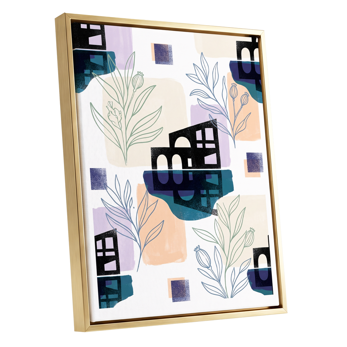 Botanical City Rhythm, white, blue, black floral wall art shown as a gold framed canvas wall art