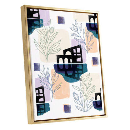 Botanical City Rhythm, white, blue, black floral wall art shown as a gold framed canvas wall art