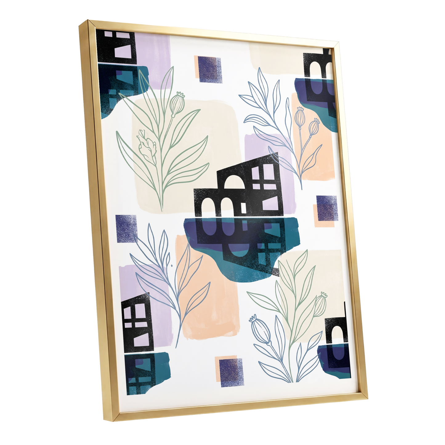 Botanical City Rhythm, white, blue, black floral wall art shown as a gold framed poster wall art print
